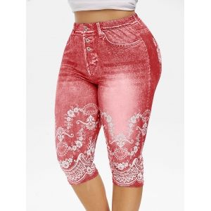 

Plus Size 3D Floral Print Capri Jeggings, Pink