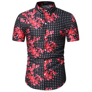 

Polka Dots Floral Print Button Shirt, Black