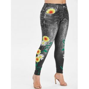 

Plus Size Sunflower Print Skinny 3D Jeggings, Black