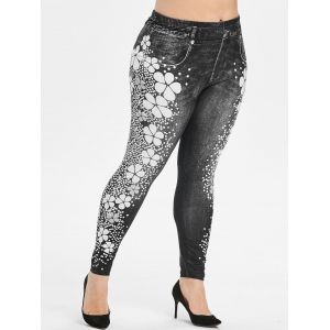 

Plus Size Flower Polka Dot High Waisted 3D Jeggings, Black