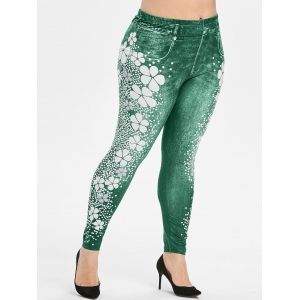 

Plus Size Flower Polka Dot High Waisted 3D Jeggings, Light sea green