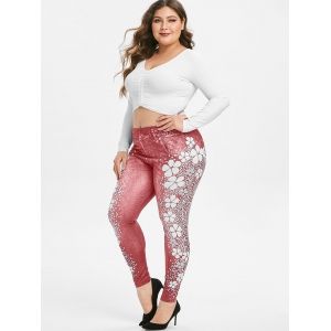 

Plus Size Flower Polka Dot High Waisted 3D Jeggings, Light coral