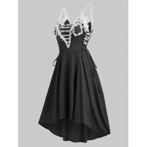

Sleeveless Lace Insert Lace-up High Low Dress, Dark gray
