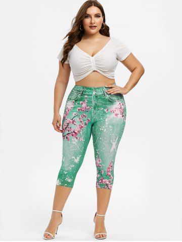 

Plus Size Peach Blossom 3D Denim Print Capri Leggings, Medium turquoise