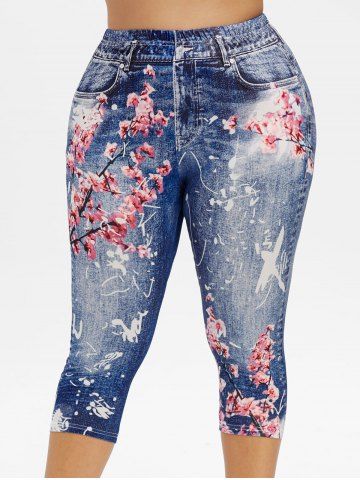 

Plus Size Peach Blossom 3D Denim Print Capri Leggings, Deep blue