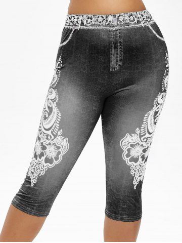 

Plus Size 3D Flower Print High Waisted Capri Jeggings, Black