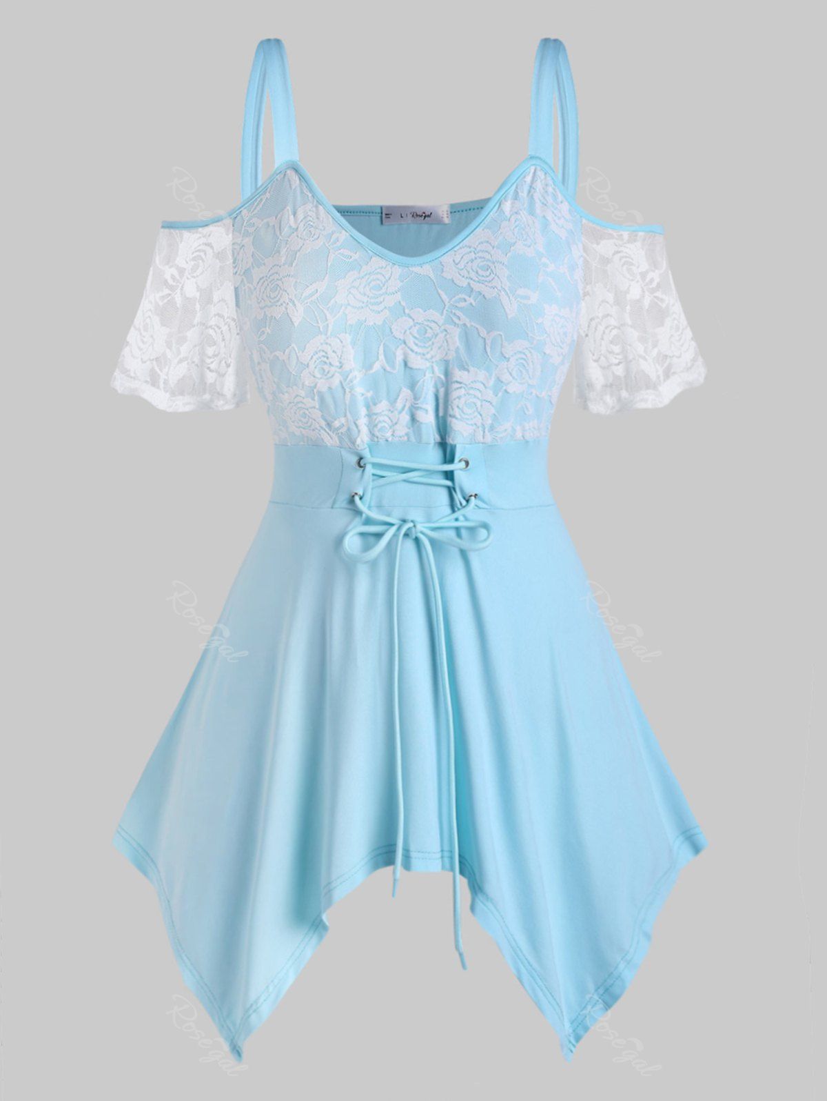 

Lace Panel Cold Shoulder Lace Up Handkerchief Plus Size Top, Robin egg blue