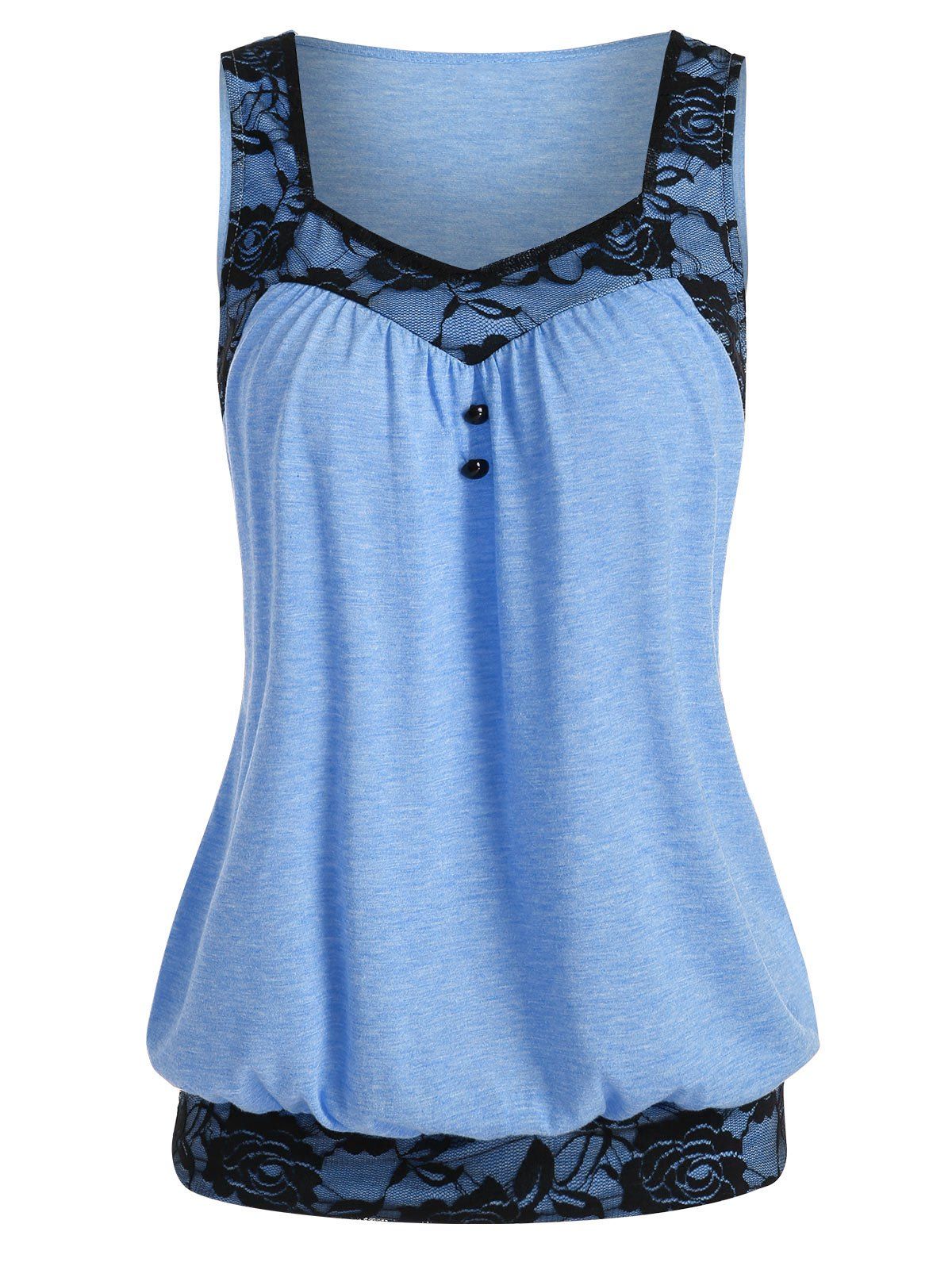 

Lace Panel Button Embellished Blouson Tank Top, Light blue