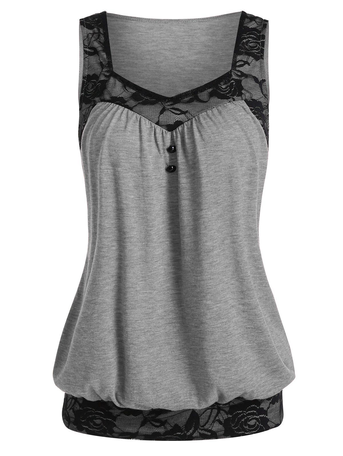 

Lace Panel Button Embellished Blouson Tank Top, Light gray