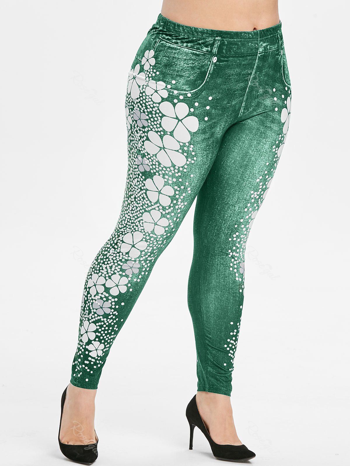 

Plus Size Flower Polka Dot High Waisted 3D Jeggings, Light sea green