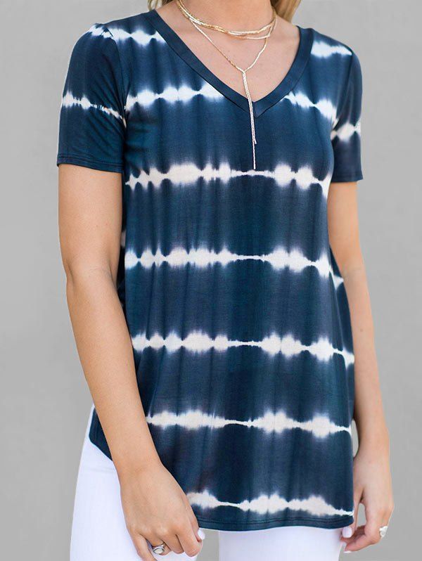 

V Neck Streak Dye Curved Hem T-shirt, Blue ivy