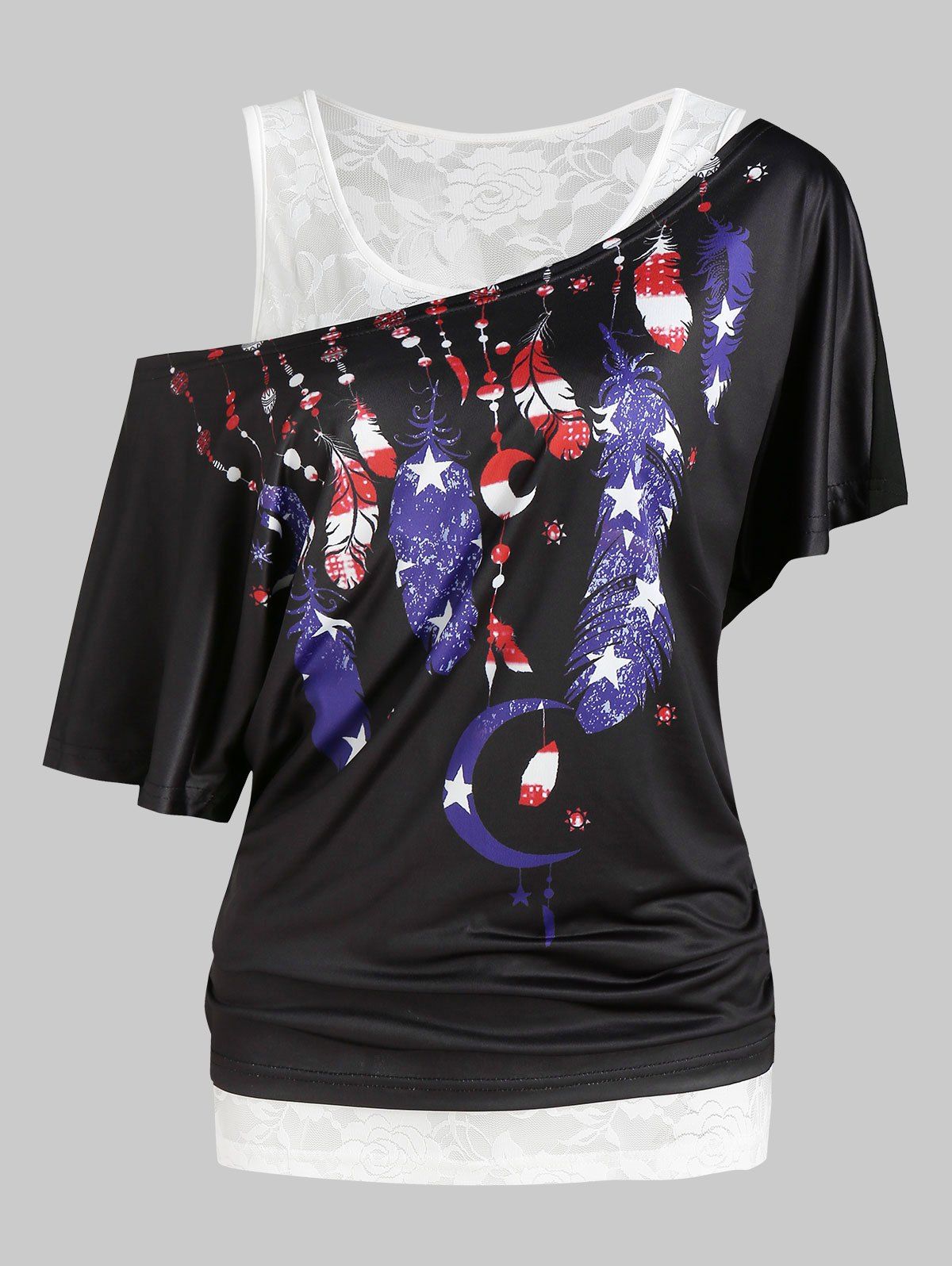 

American Flag Feather Print Short Sleeve Tee And Lace Tank Top Sets, Black