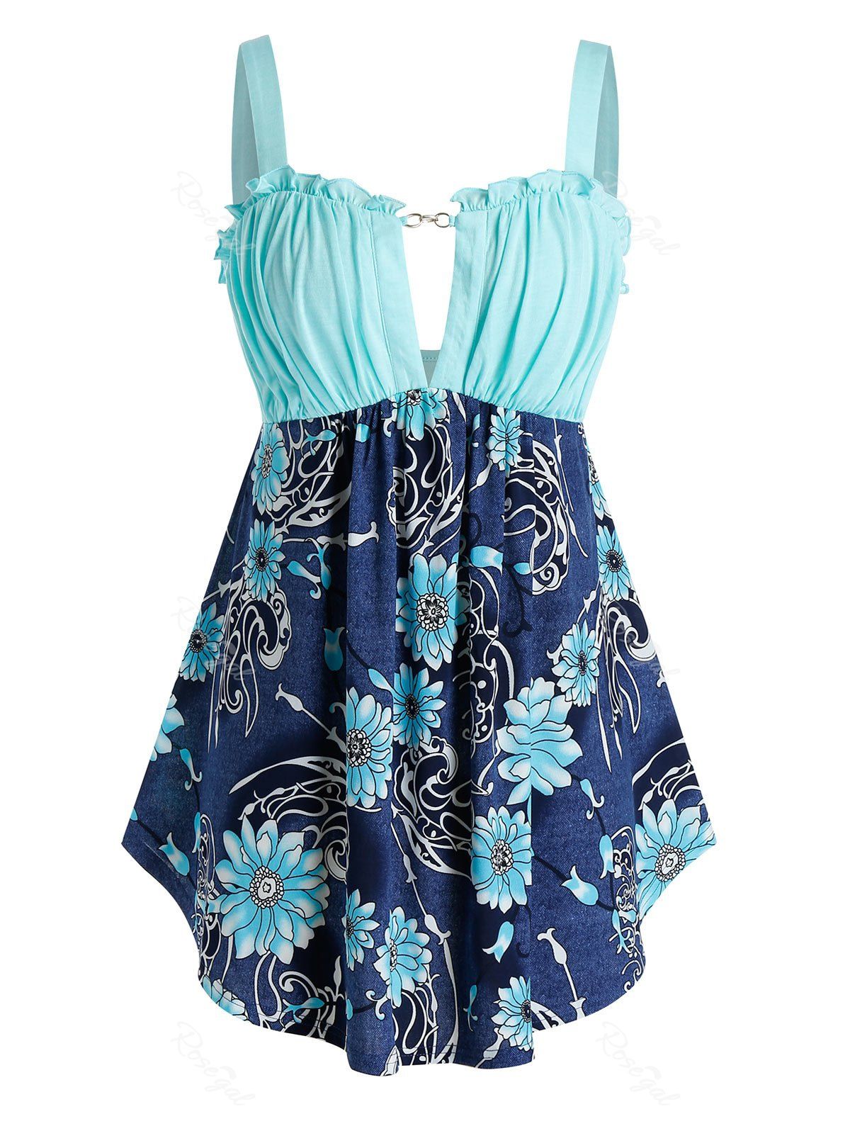 

Plus Size Flower Ruched Backless Frilled Tank Top, Light slate