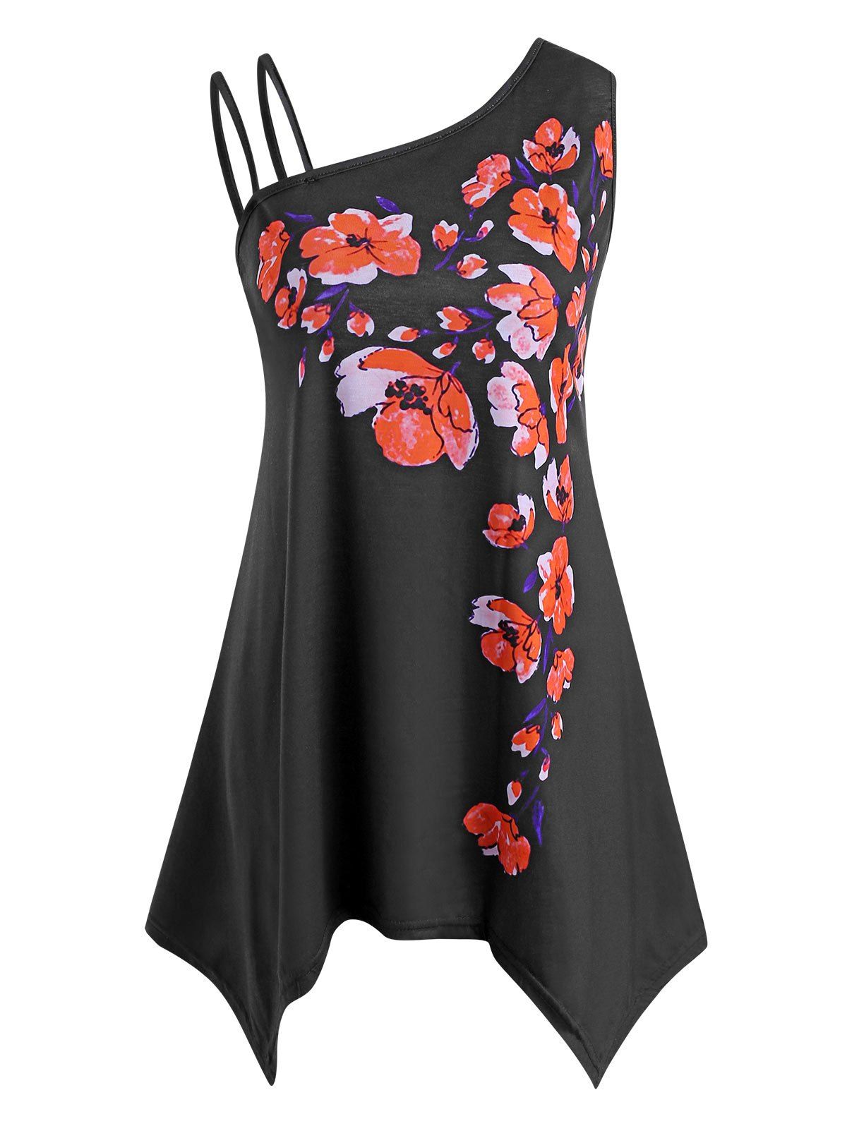 

Skew Collar Floral Asymmetrical Tunic Top, Black