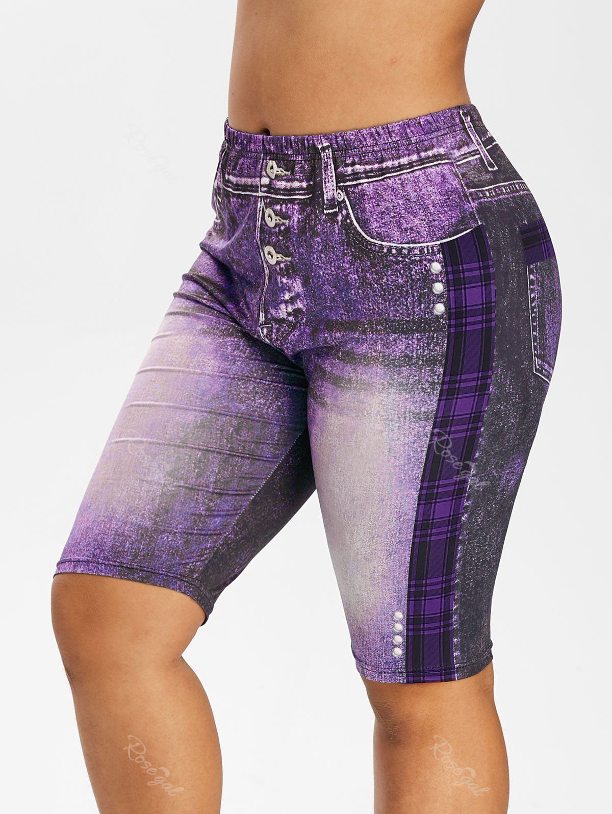 

Plus Size Plaid 3D Denim Print Knee Length Leggings, Purple