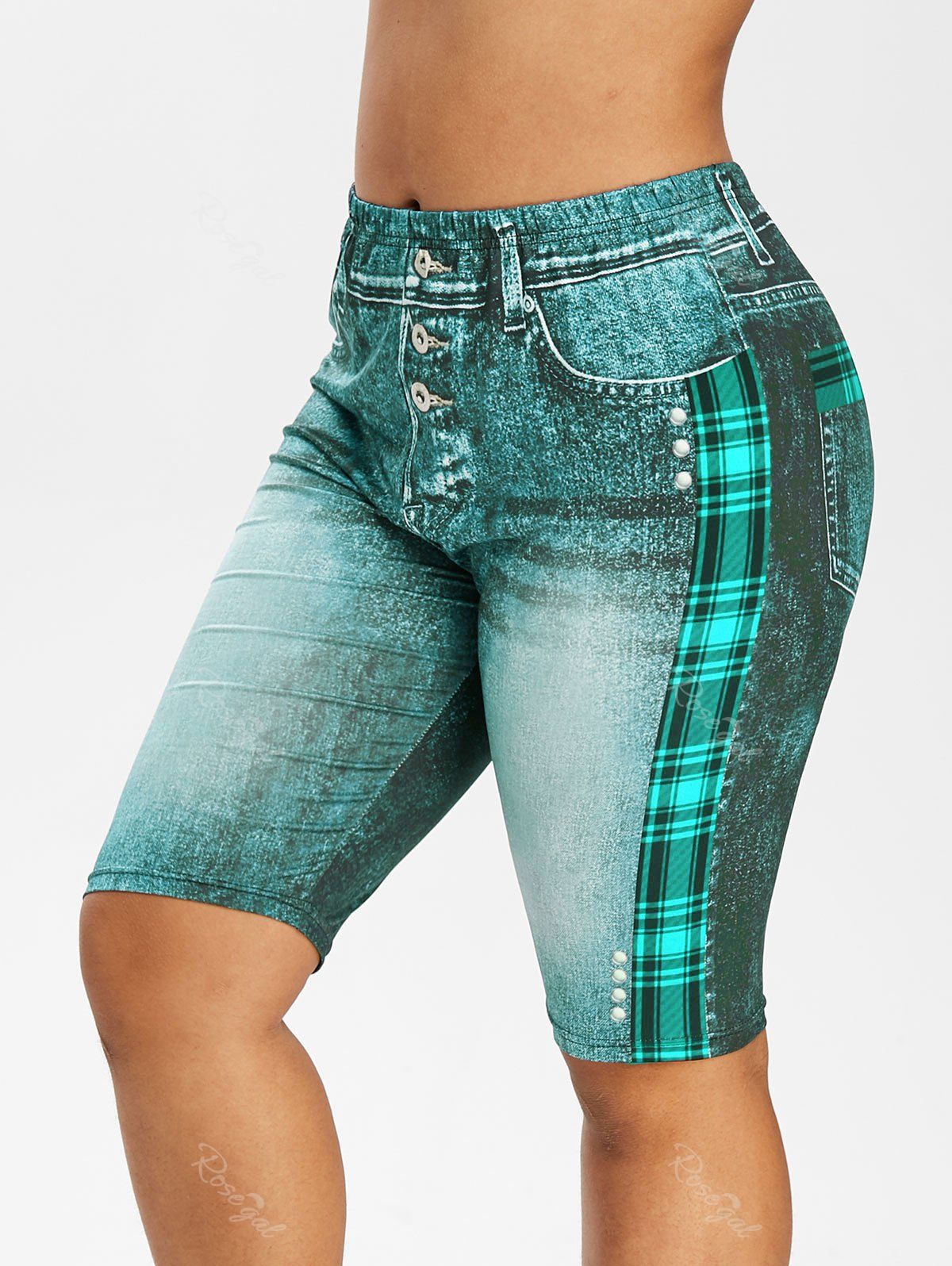 

Plus Size Plaid 3D Denim Print Knee Length Leggings, Turquoise