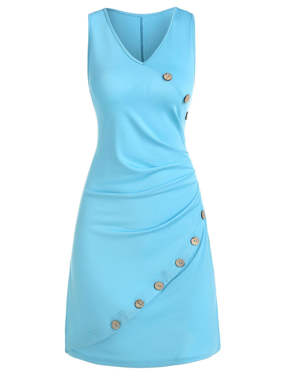 

Mock Button V Neck Sleeveless Sheath Dress, Day sky blue