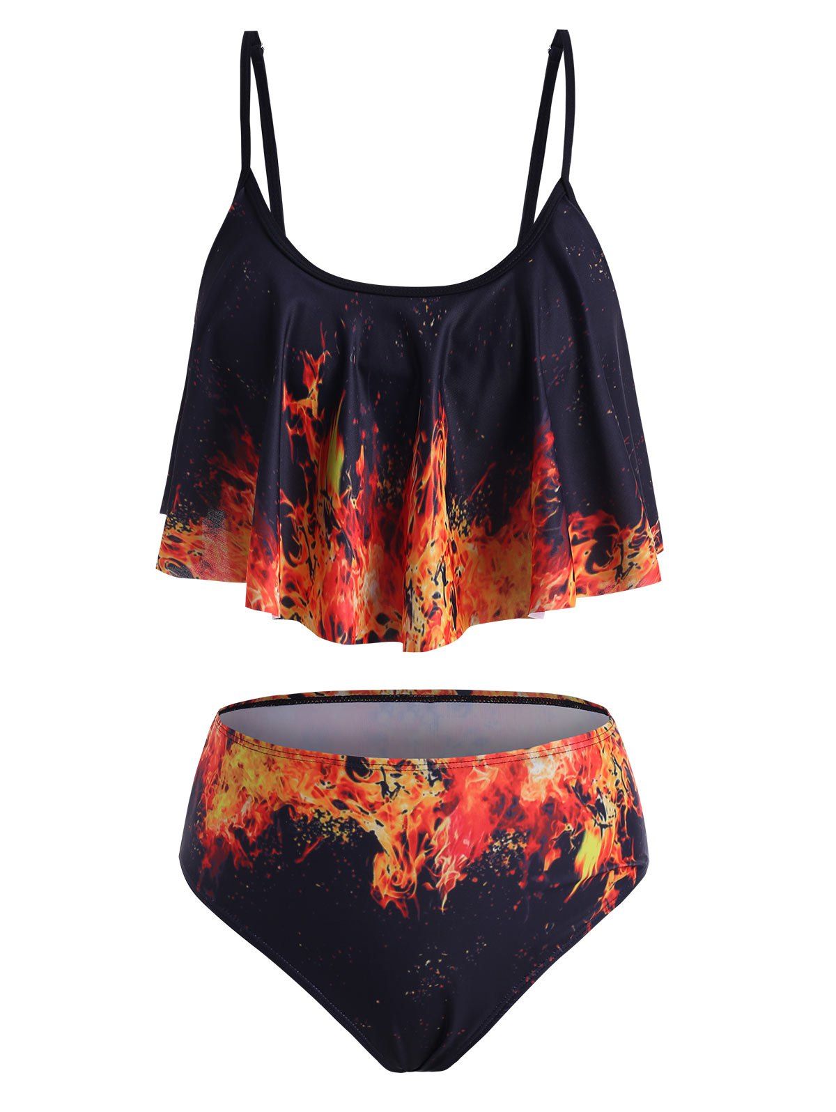 

Flame Print Flounce High Waisted Tankini Swimwear, Black