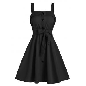 

Mock Button Tie Waist Cami A Line Dress, Black