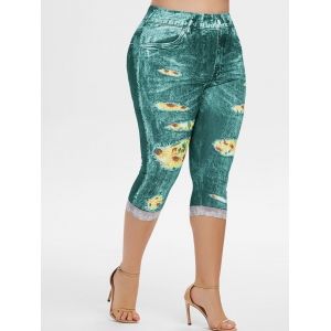 

High Waisted 3D Sunflower Plus Size Capri Jeggings, Green