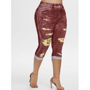 

High Waisted 3D Sunflower Plus Size Capri Jeggings, Red wine