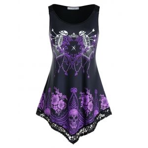 

Plus Size Flower Skull Print Lace Panel Asymmetric Tank Top, Black