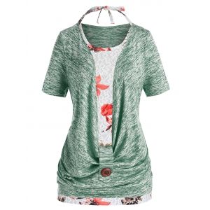 

Plus Size Marled Cowl Front T Shirt And Halter Floral Tank Top Set, Light green