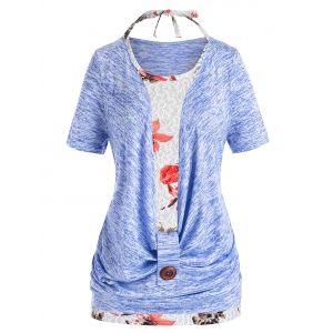 

Plus Size Marled Cowl Front T Shirt And Halter Floral Tank Top Set, Cornflower blue