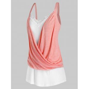 

Plus Size Draped Crossover Lace Panel Blouson Tank Top, Orange pink