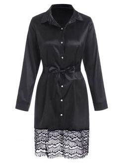 Lace Panel Satin Belt Sleep Shirt Dress - BLACK - M