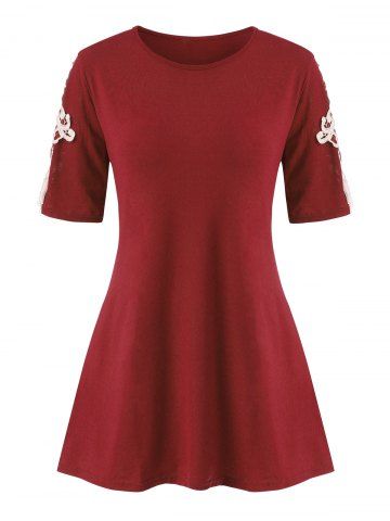 

Crochet Lace Panel Half Sleeve Tunic Top, Red wine