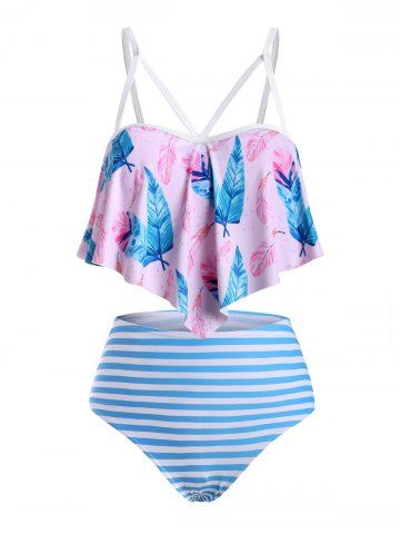 Flounces Strappy Leaves Print Stripes Plus Size Tankini Swimwear - PINK - 5X