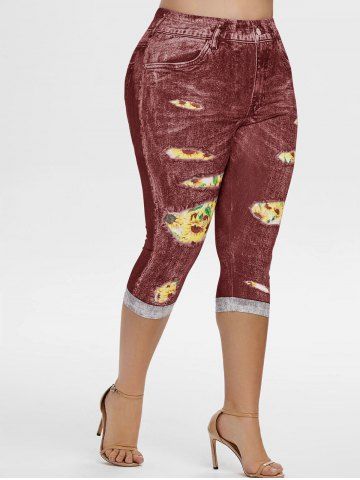 High Waisted 3D Sunflower Plus Size Capri Jeggings - RED WINE - 1X