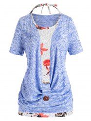 Plus Size Marled Cowl Front T Shirt And Halter Floral Tank Top Set -  