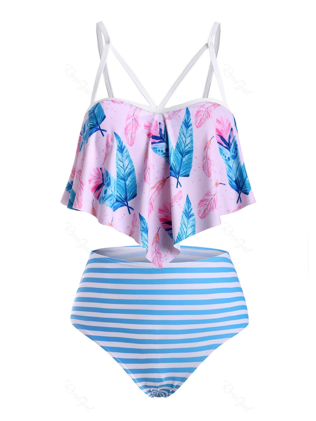 Discount Flounces Strappy Leaves Print Stripes Plus Size Tankini Swimwear  