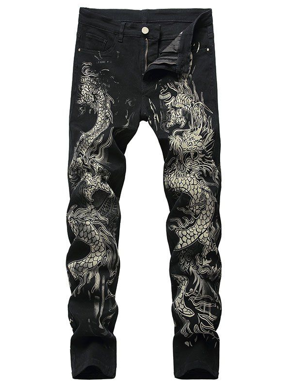 

Dragon Pattern Zip Fly Jeans, Black