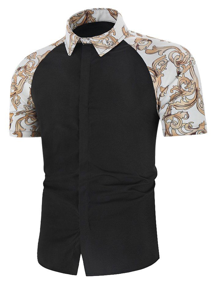 

Baroque Print Contrast Raglan Sleeve Casual Shirt, Black