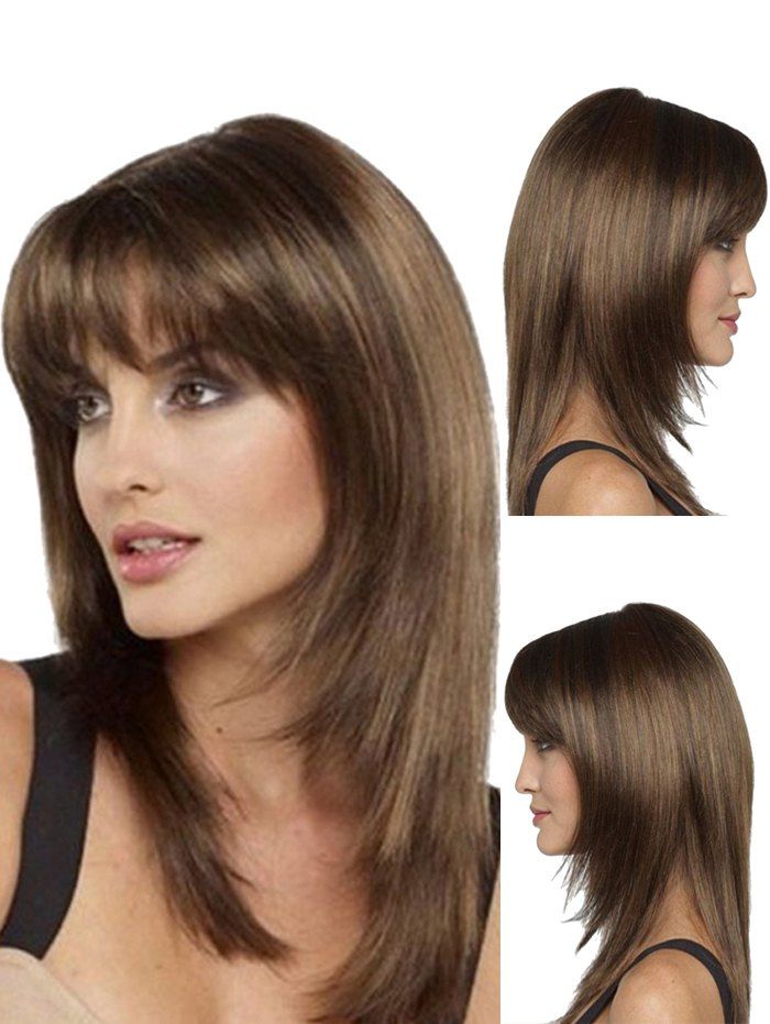 

Medium Layered Straight See-through Bang Synthetic Wig, Brown bear