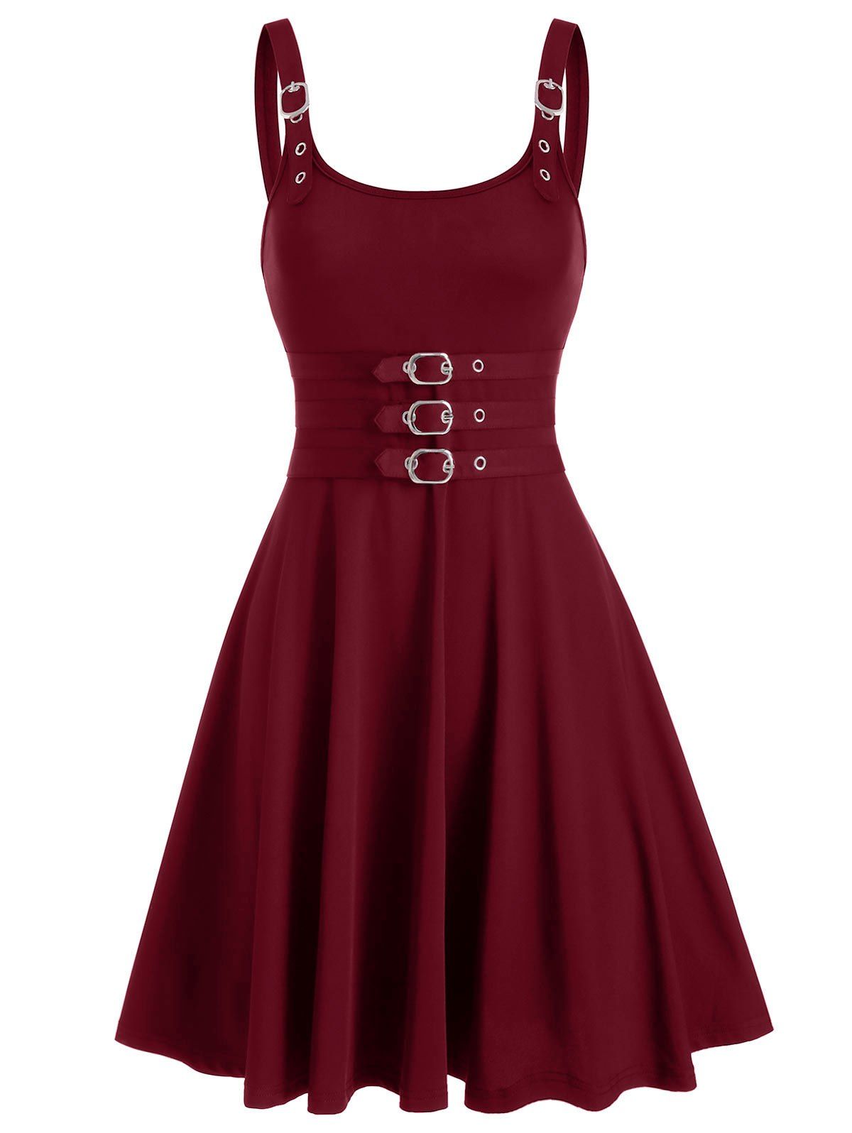 

Buckles Strap Embellished A Line Dress, Red wine