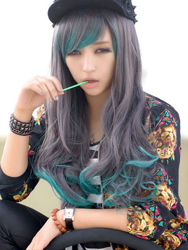 

Long Gradient Body Wave Side Bang Synthetic Wig, Macaw blue green