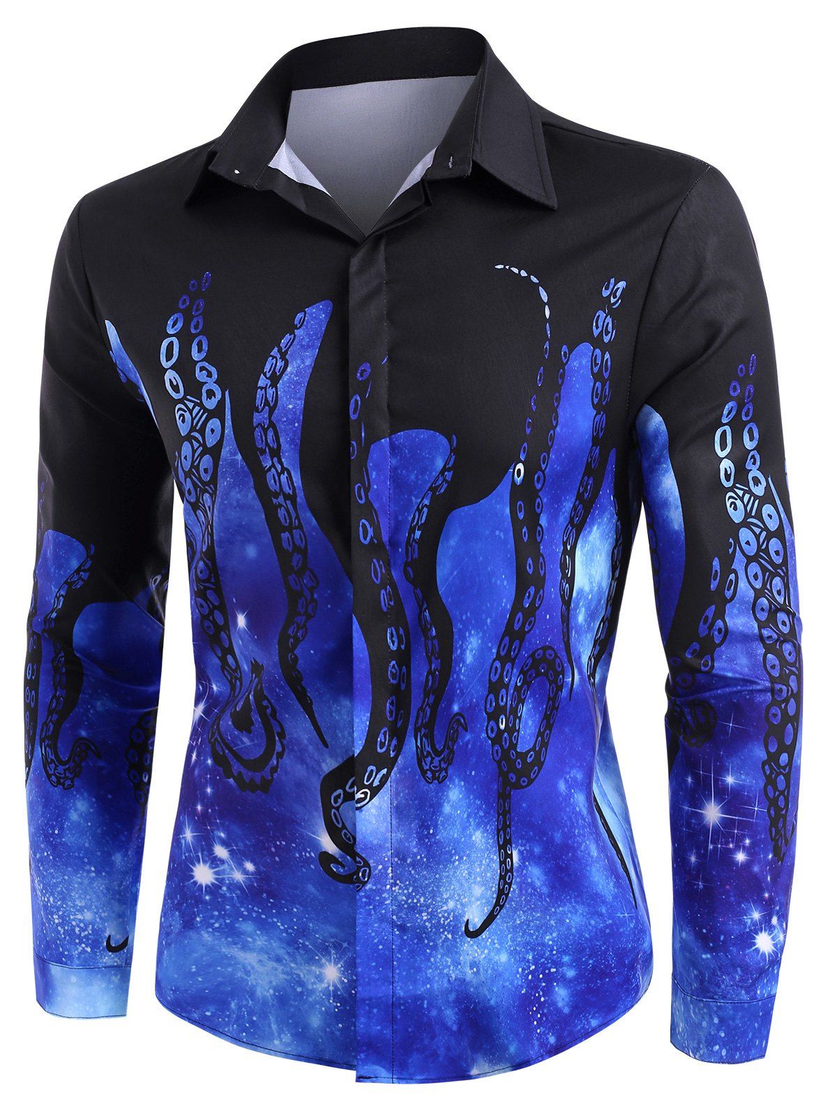 

Galaxy Octopus Pattern Button Up Long Sleeve Shirt, Multi-a