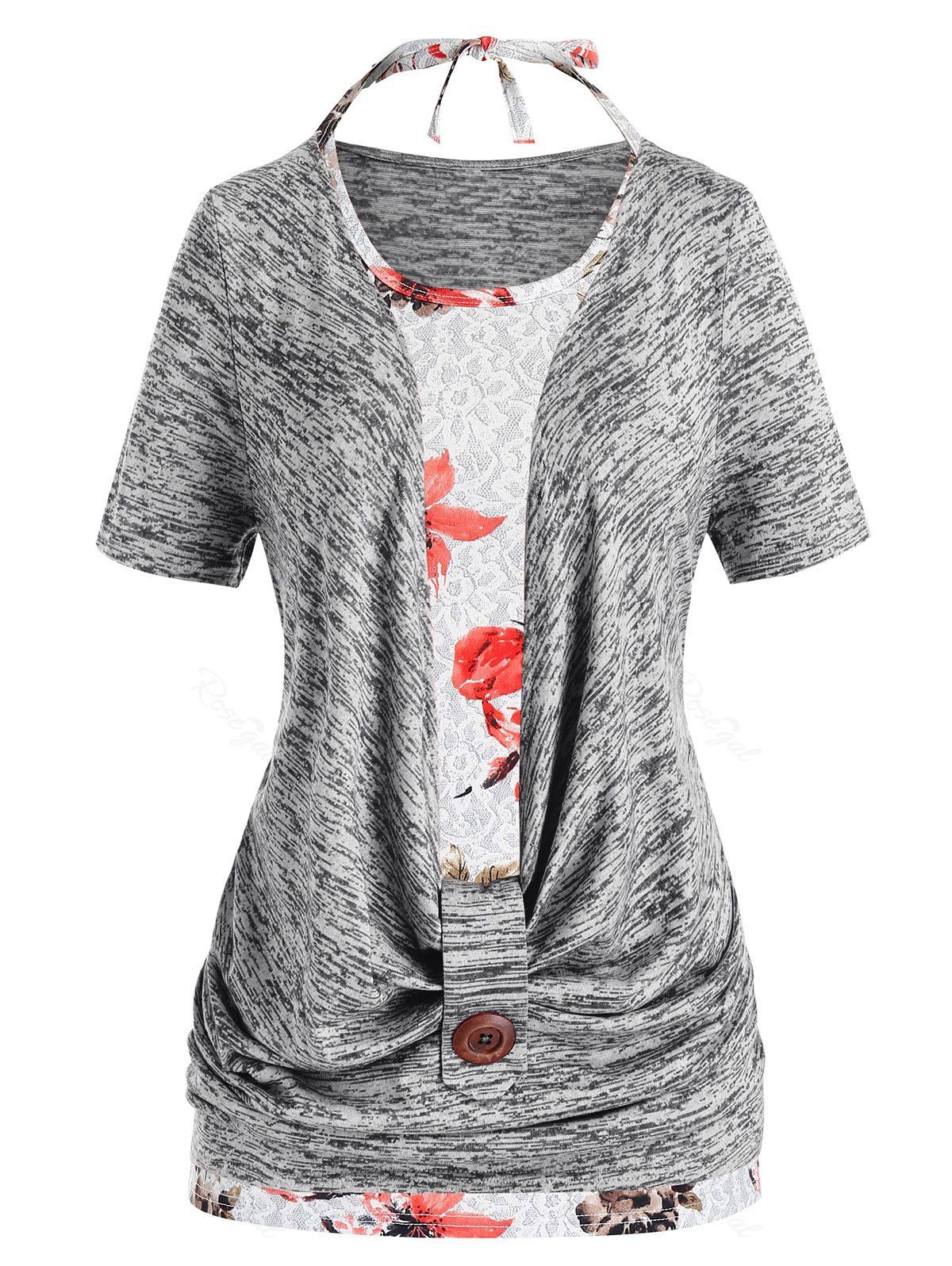 

Plus Size Marled Cowl Front T Shirt And Halter Floral Tank Top Set, Cloudy gray