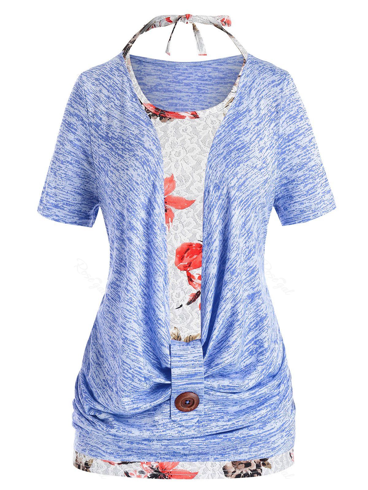 

Plus Size Marled Cowl Front T Shirt And Halter Floral Tank Top Set, Cornflower blue