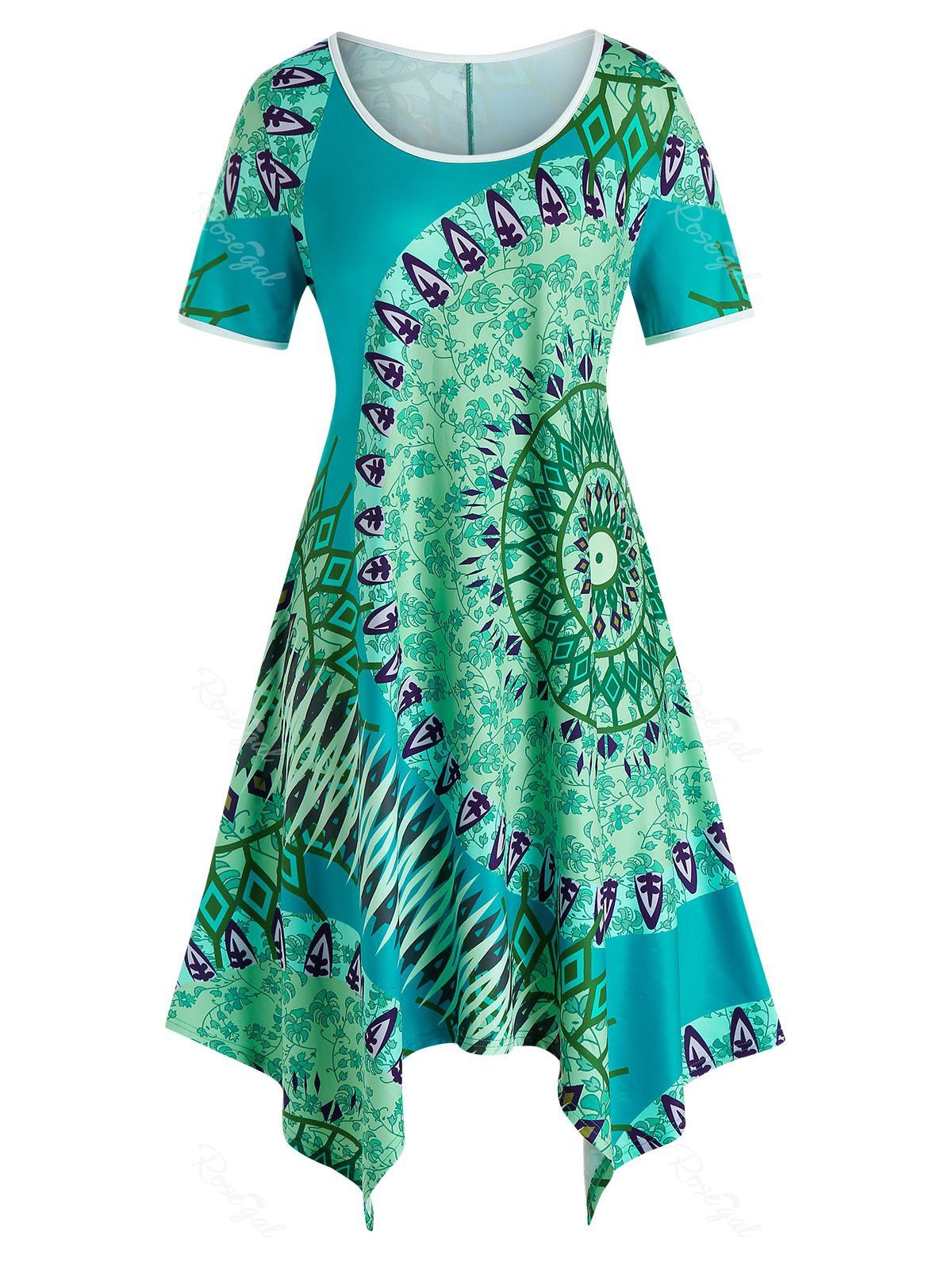 

Plus Size Bohemian Print Handkerchief Dress, Sea green