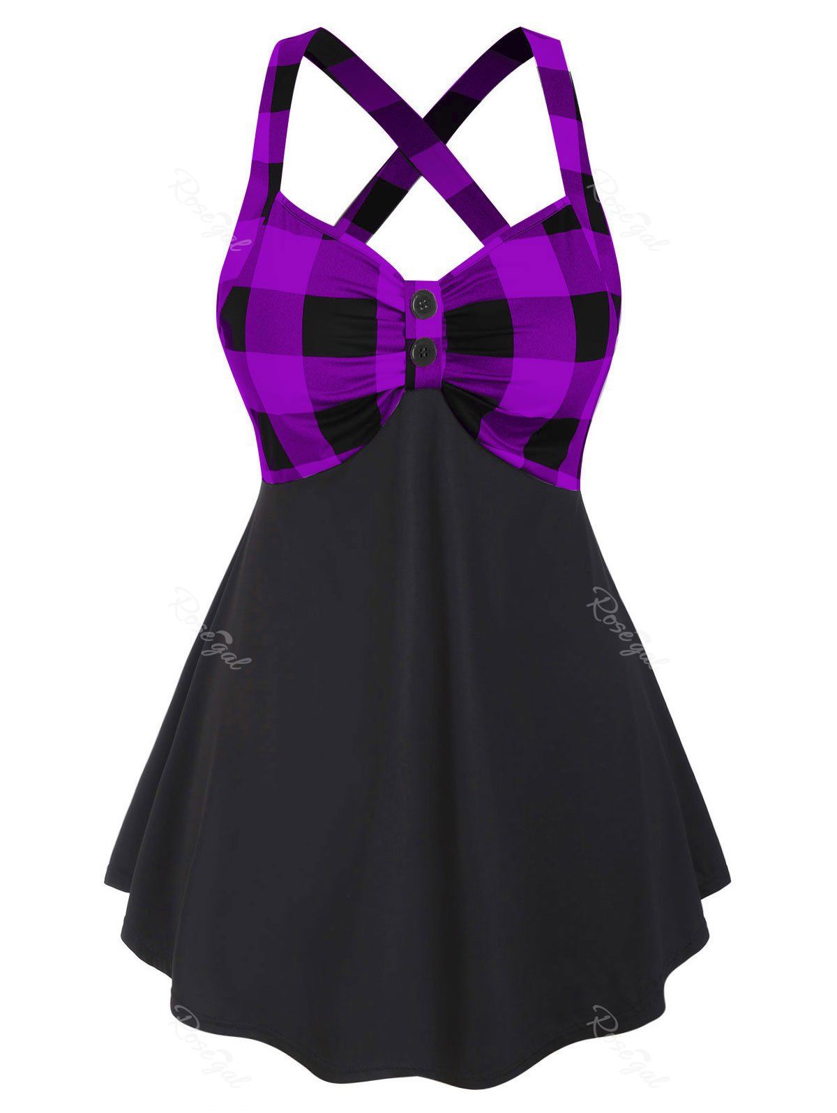 

Two Buttoned Criss Cross Back Plaid Panel Plus Size Tank Top, Purple