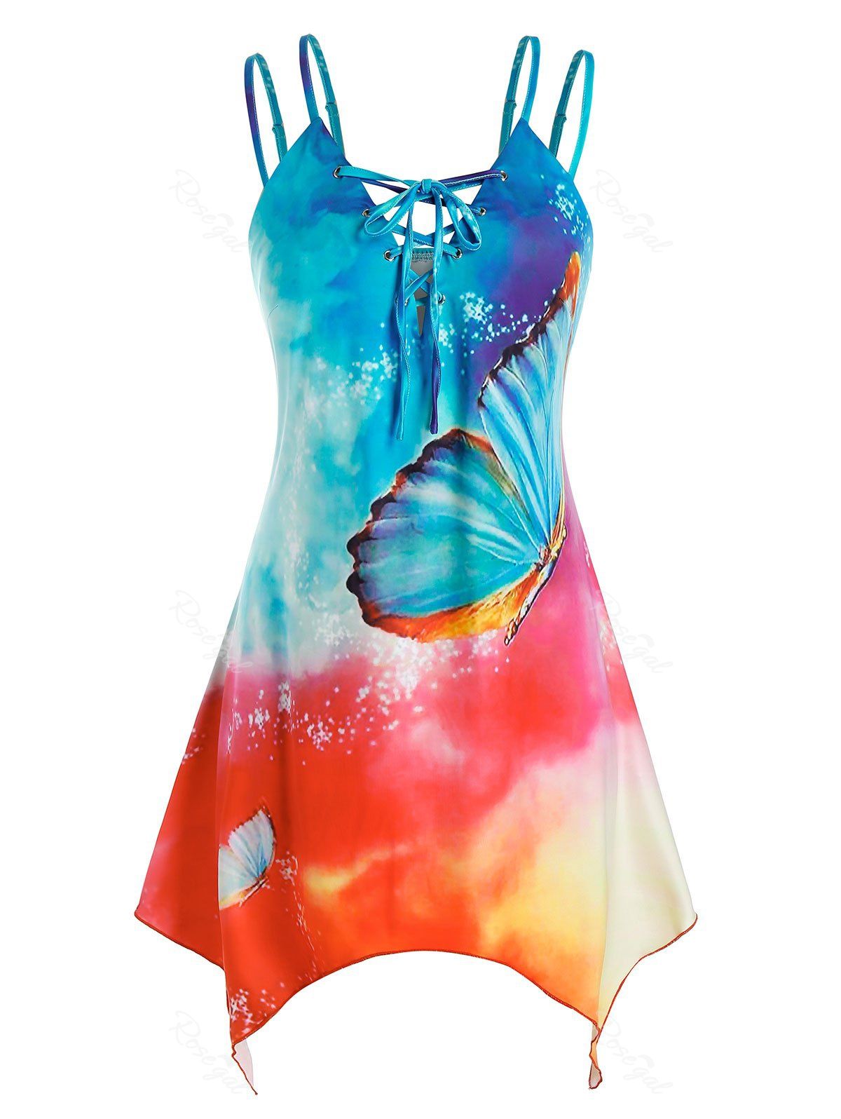 Fashion Plus Size Lace Up Tie Dye Butterfly Print Tank Top  