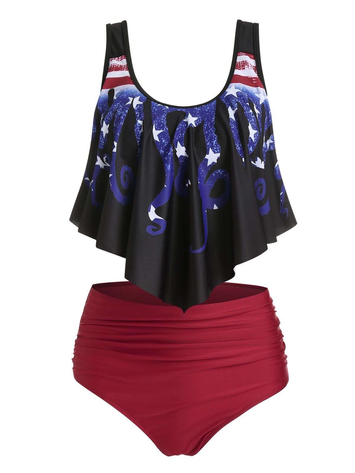 

American Flag Octopus Print Asymmetrical High Waist Tankini Swimwear, Black
