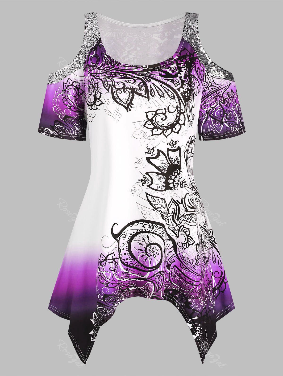 

Plus Size Handkerchief Sequin Cold Shoulder Printed T Shirt, Violet