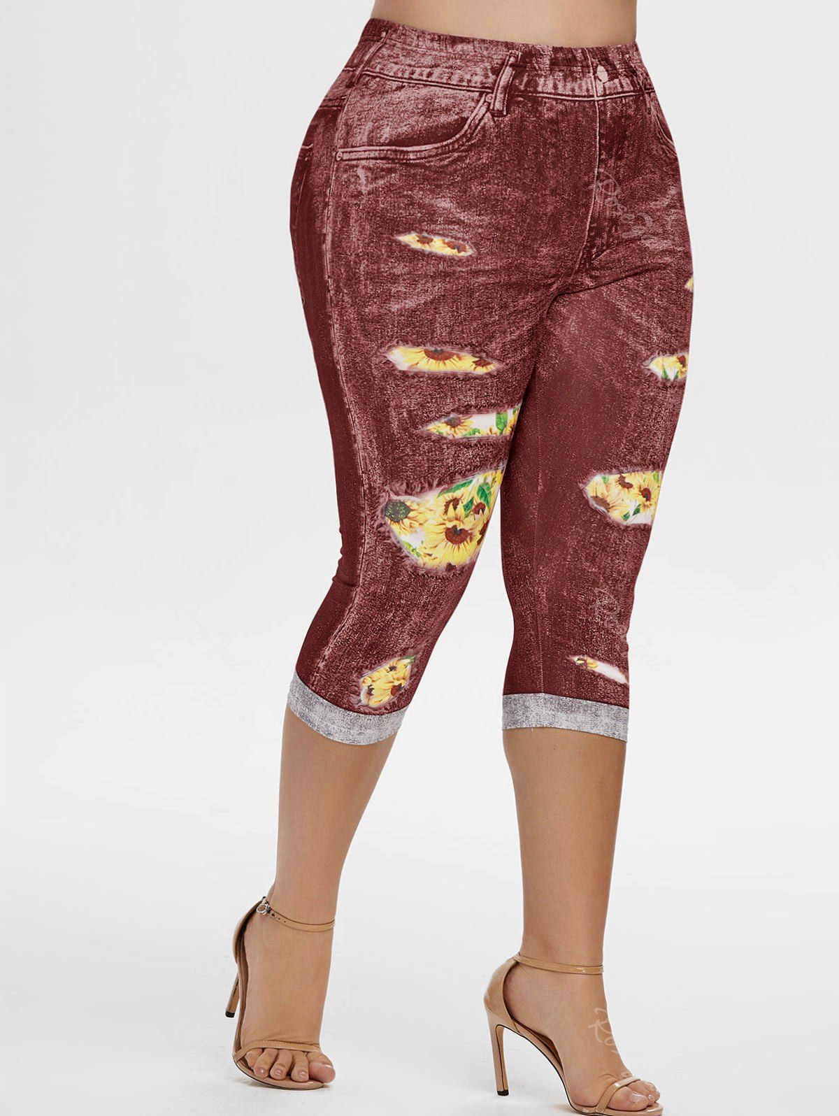 Legging Capri 3D Tournesol à Taille Haute de Grande Taille Rouge Vineux 1X
