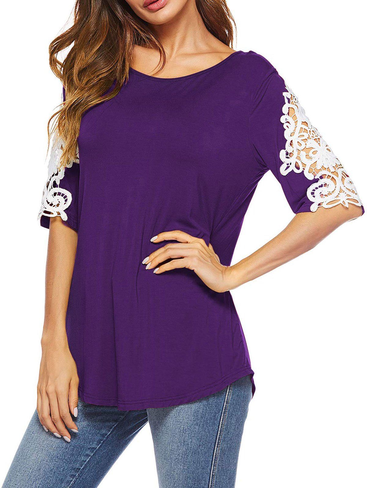 

Crochet Lace Panel Half Sleeve Tunic Top, Purple iris